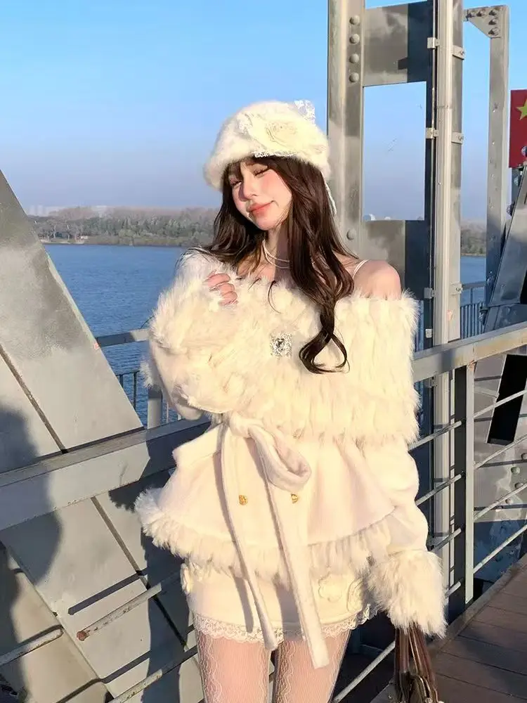 أزياء أنيقة الدافئة 3 قطع مجموعة النساء تصميم هيبورن طويلة الأكمام الدانتيل معطف الوبر اليابانية الحلو رقيقة ضئيلة Kawaii وتتسابق #4