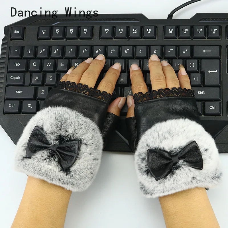 

Women's leather half finger gloves for autumn and winter warmth sheep skin rabbit fur, writing and computer gloves