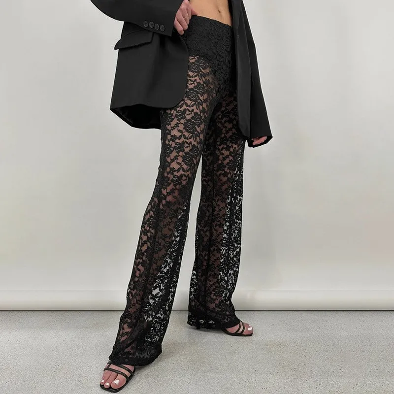 Sexy See Through Lace Hollow Out Women Pant White Black High Waist Wide Leg Female Summer Casual Streetwear Club Straight Pants