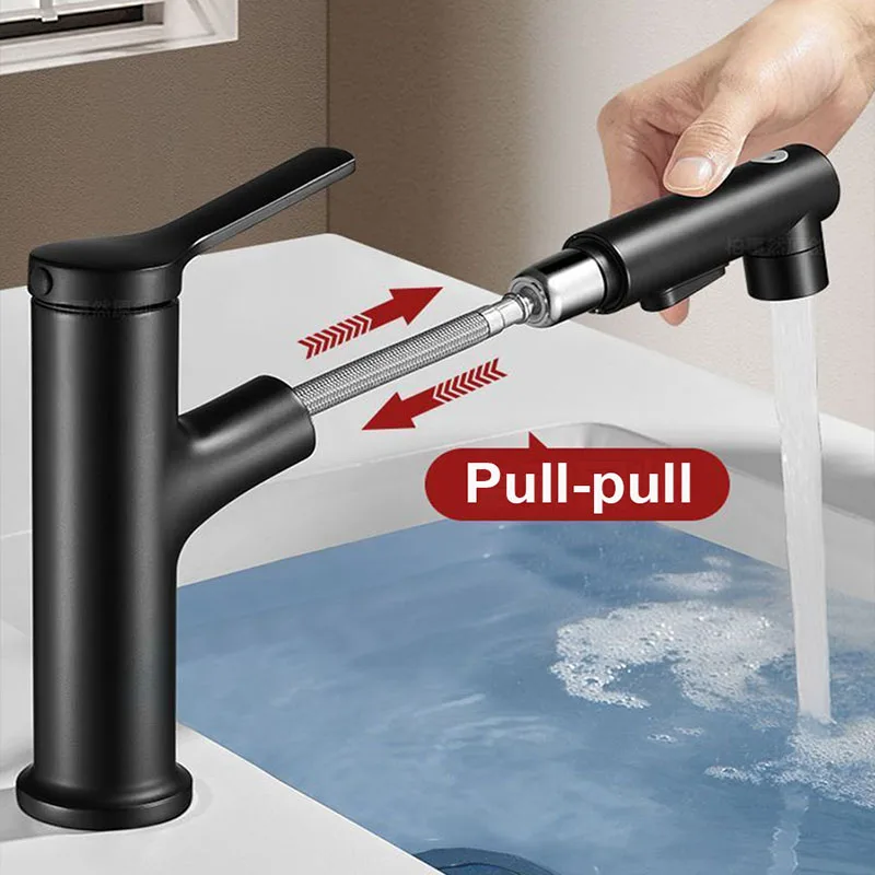 Black/Silver Pull-Out Bathroom Sink Faucet with 3 Spray Modes, Brass Swivel Spout & Ceramic Cartridge, Modern Deck Mount Design