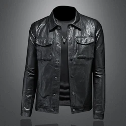 2024 Autumn and Winter New Men's Fashion Handsome with Fine Lapel Motorcycle Leather Coat Slim Stylish Man Men Jacket