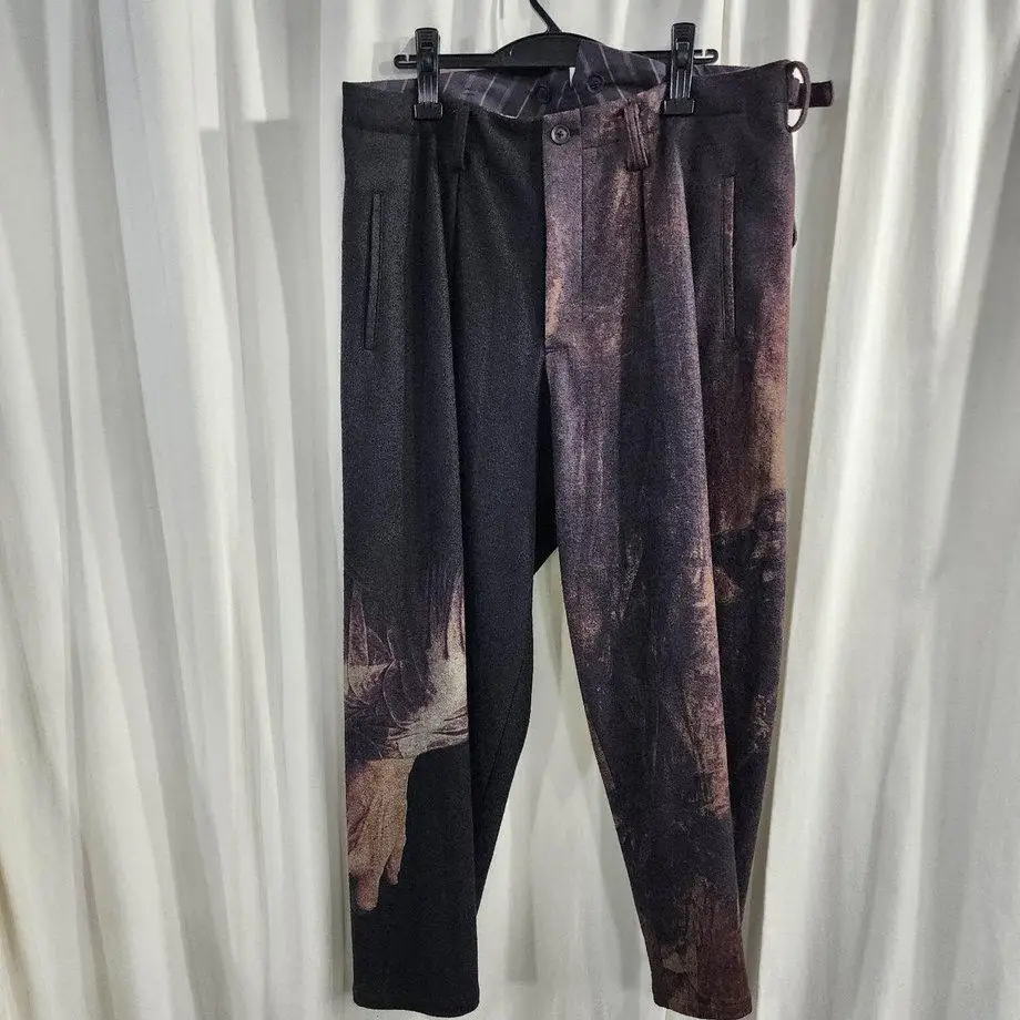 TOP-YAMAMOTO ® Asymmetrical printed casual pants for men, black zipper modified design pleated pants