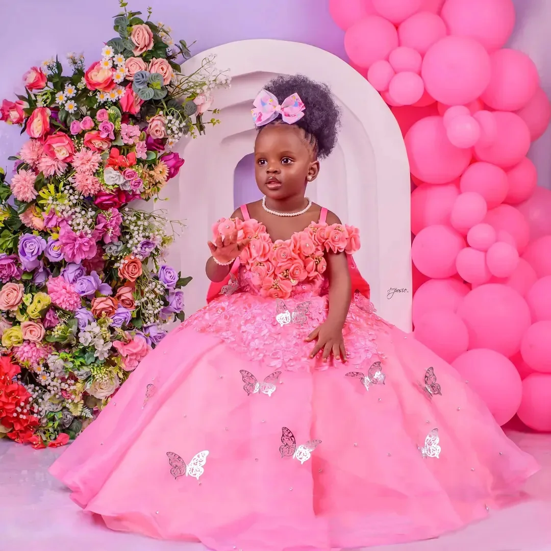 

Pink Flower Girl Dresses Children Birthday Dress Spaghetti Straps Floral Applique Beaded Flower Girl Dress Tulle Butterfly