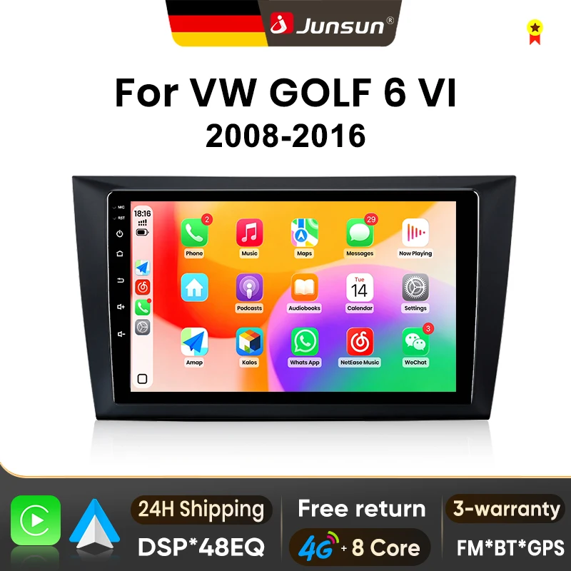 Autoradio Junsun CarPlay sans fil pour VW Volkswagen GOLF 6 VI 2008-2016, système intelligent Android 15, écran tactile IPS 9" 2 Din, lecteur multimédia vidéo intelligent, GPS, navigation, autoradio, unité principale,