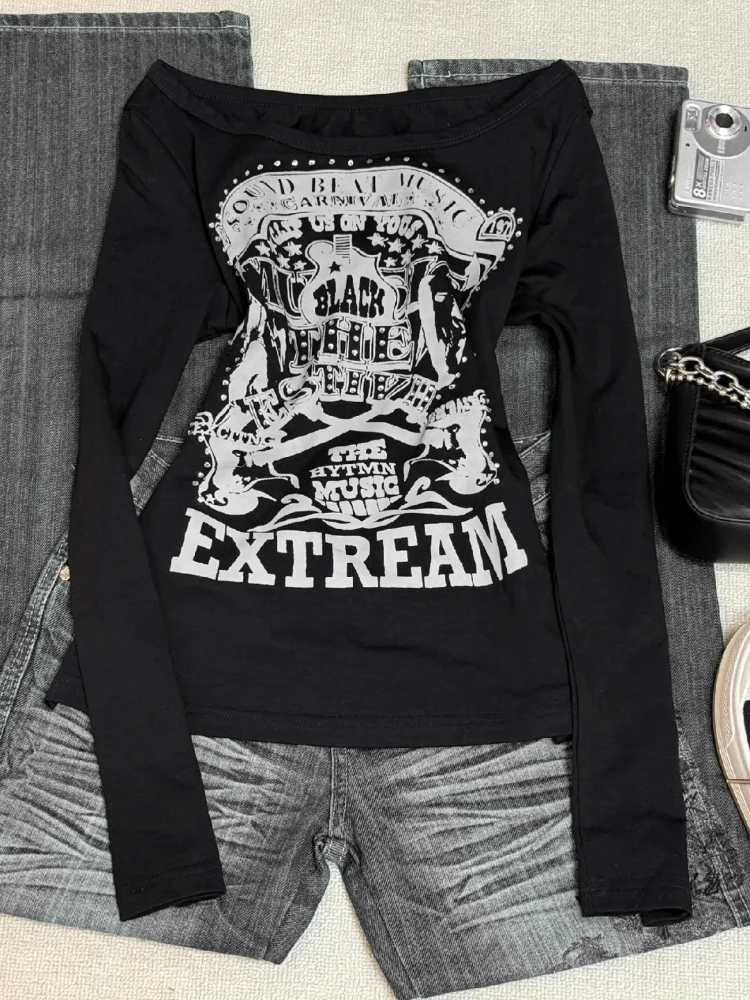 تي شيرت نسائي جمالي عتيق على الطراز القوطي الأسود من 2000s تي شيرت ريترو بانك جرافيك الجرونج Y2k ملابس هاراجوكو بأكمام طويلة ملابس الشارع الأمريكية