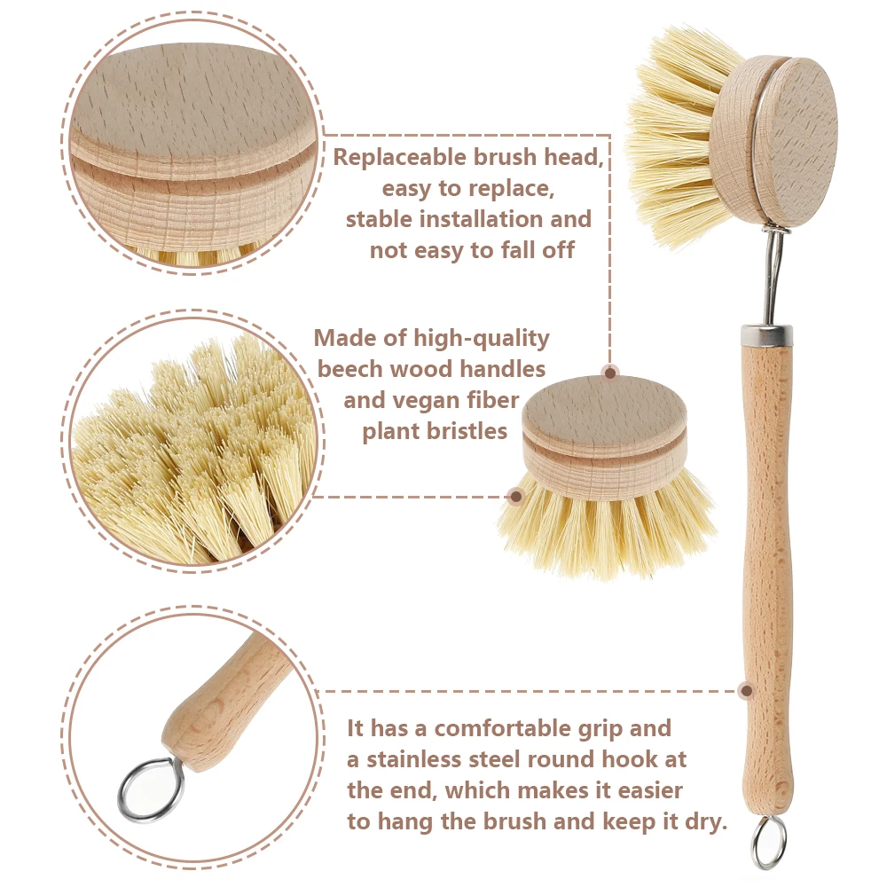 Wooden Dish Brush Natural Dish Brushing Tool Long Handle Pan Brush with 4 Replacement Brush Heads Durable Kitchen Cleaning Brush