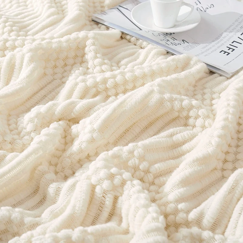 Cream White Oversized Plaid Blanket with Tassel Knitted Four Season Sofa Bed Cover Cozy Farmhouse Style Christmas Gift