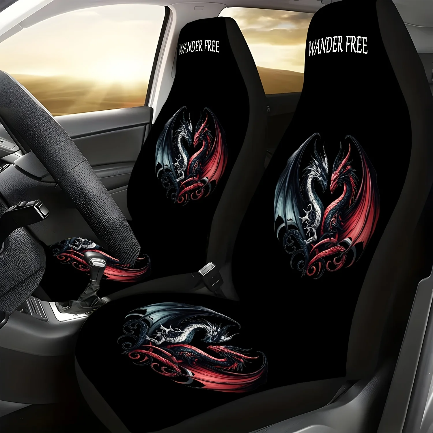

2/6pcs Set Black And Red Two-Color Double Dragon Head Tattoo Sticker Print Car Seat Set, Black Background Personalized Trendy Pr