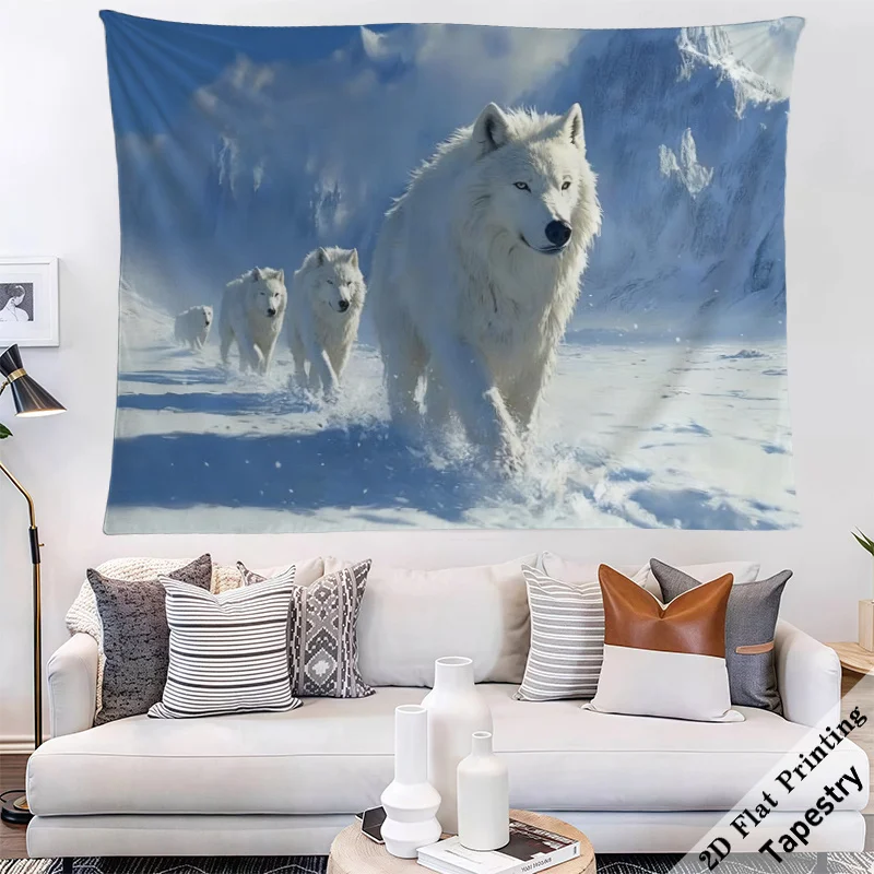 Majestic Wolf Tapestry Wall Hanging Artwork Snow Winter Mountain Forest Nature Decor Scandinavian Home Gift for Living Room Bedr