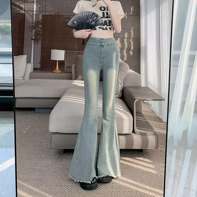 

Retro High Waist Fish Tail Bell Bottom Denim Jeans Women's Slimming Stretchy Frayed Wide Leg Floor Length Trendy Trousers