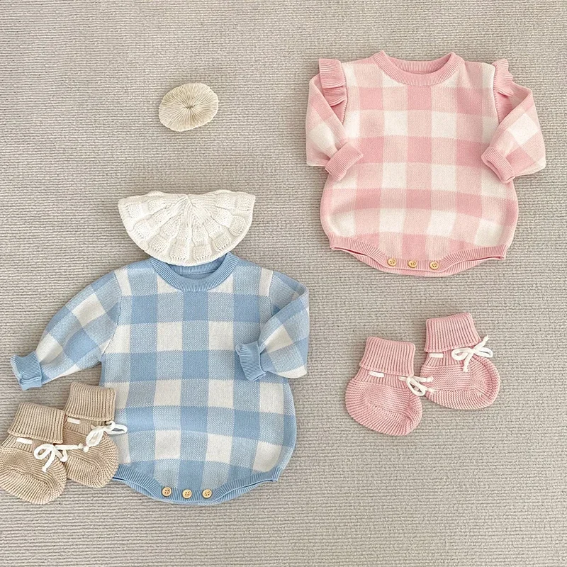 

2025 New Autumn 0-24M Toddler Baby Girl Knitted Romper Long Sleeves Grid Infant Baby Girls Jumpsuit Children Knitted Clothes