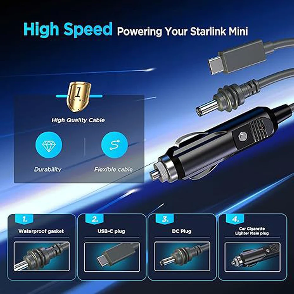 for Starlink Mini 3 in 1 DC Power Cable 10FT 100W USB C 12-24V Cigarette Lighter Plug and DC Male Power Cable Cord