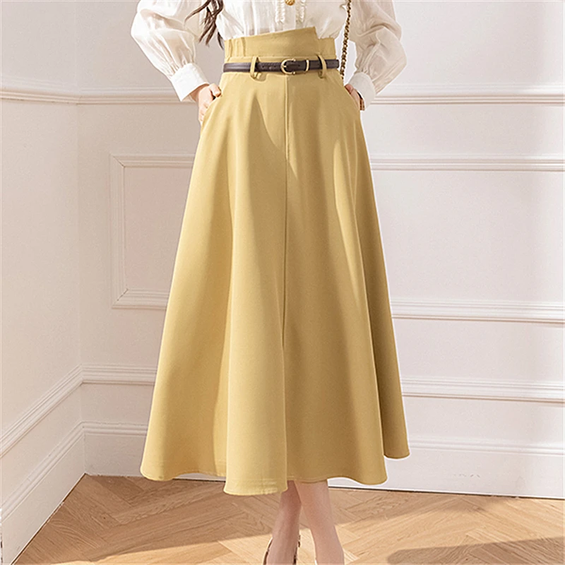 Irregular High Waist Women's A-line Skirts Solid Color Elegant Casual Office Lady Vintage Mid Length Skirt for Women 2024 Autumn