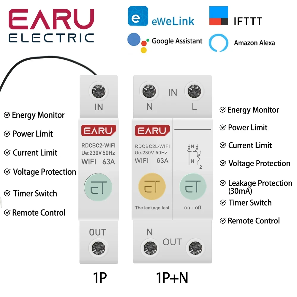 

1P+N Din Rail WIFI Smart Energy Meter Power Consumption kWh Circuit Breaker Time Timer Switch Relay Voltmeter for Smart Home