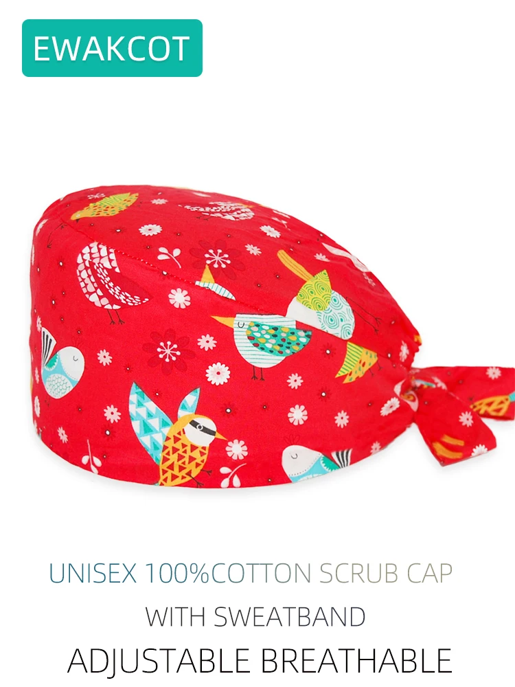 Verstelbare Vogel Gedrukt Scrub Cap 100% Katoen Verpleegkundige Werken Cap Chef Spa Schoonheidssalon Hoed Unisex Medische Chirurgische Caps Vrouwen Mannen