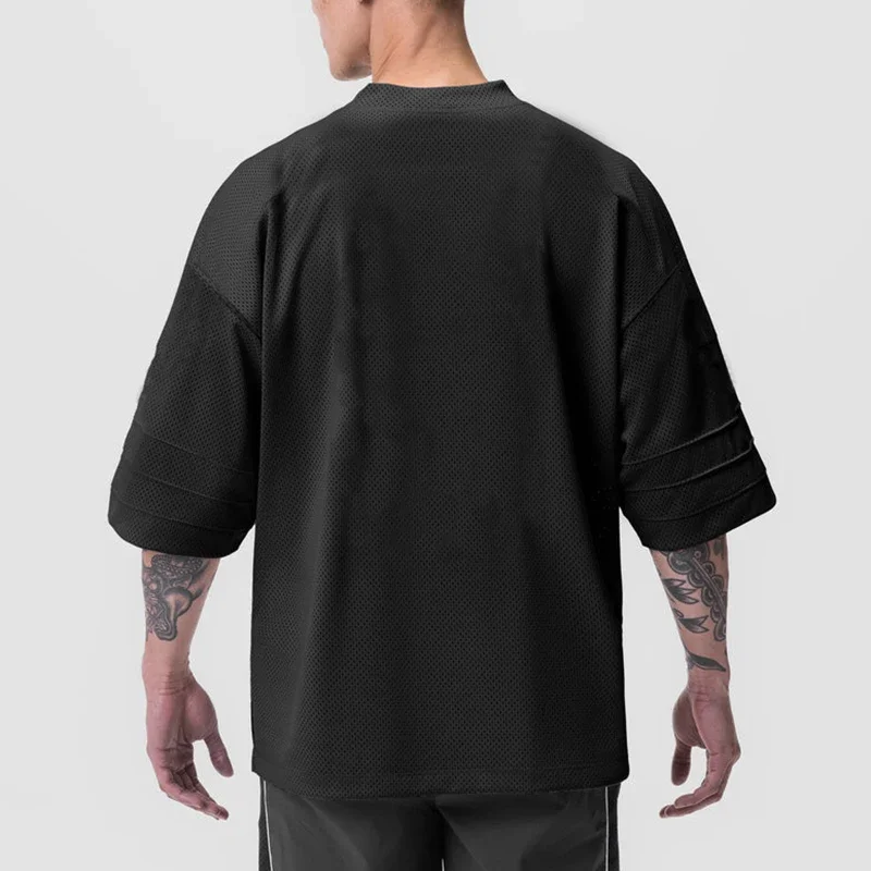 Mesh V Neck Oversized Half Sleeve Fitness T Shirt Mens Streetwear Hip Hop Fashion T-shirt Loose Gym Clothing Bodybuilding Tshirt