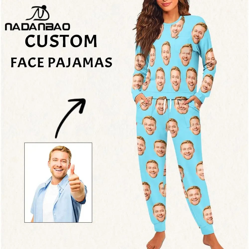 

Your Image Customized Drawstring Pajamas Set DIY Your Design 2pcs/set Women Pant Set Autumn Winter Long-Sleeve Home Nightwear