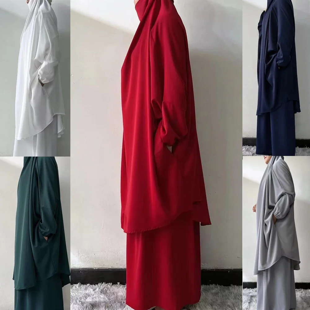 Ramadan Gowns 2 Piece Set Muslim Women Overhead Hijab Dress Prayer Garment Abaya Long Khimar Arab Gown Abayas Islamic Clothing
