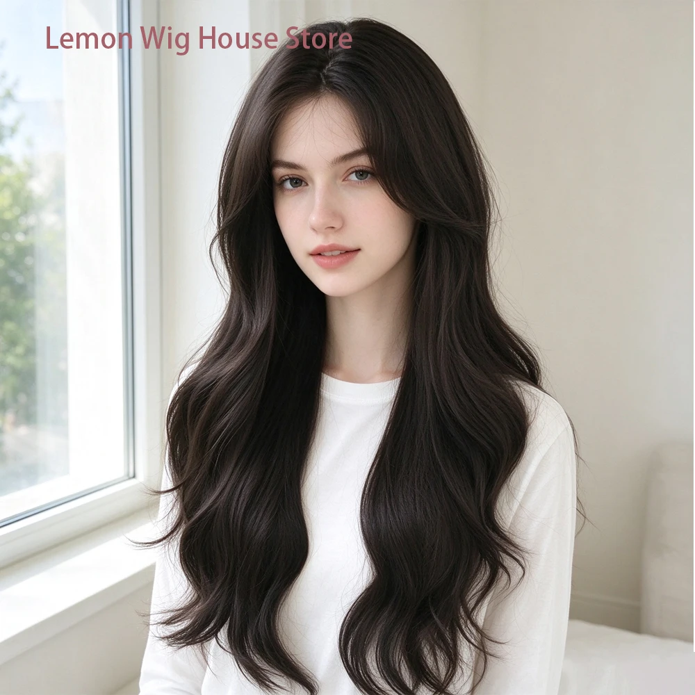 Dark Brown Small Lace Wig Long Wavy Synthetic Natural Wigs High Density Layered Wig for Women Dailly Cosplay Wig Heat Resistant