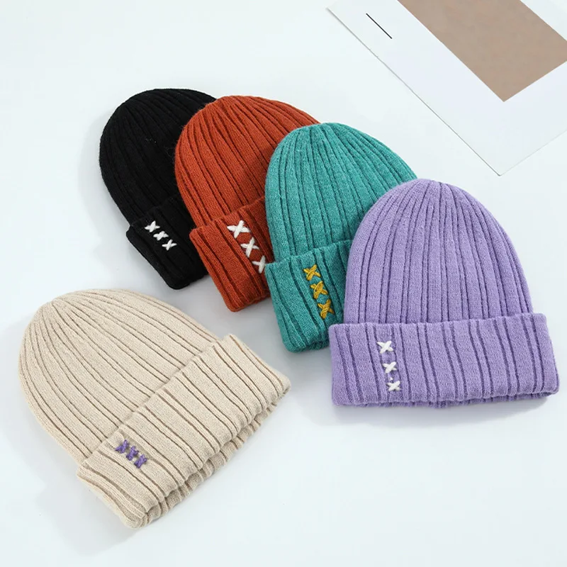 

New Candy Color Cashmere Knitted Women's Hat Winter Keep Warm Skullies & Beanies Manual Design Cross Cap For Men