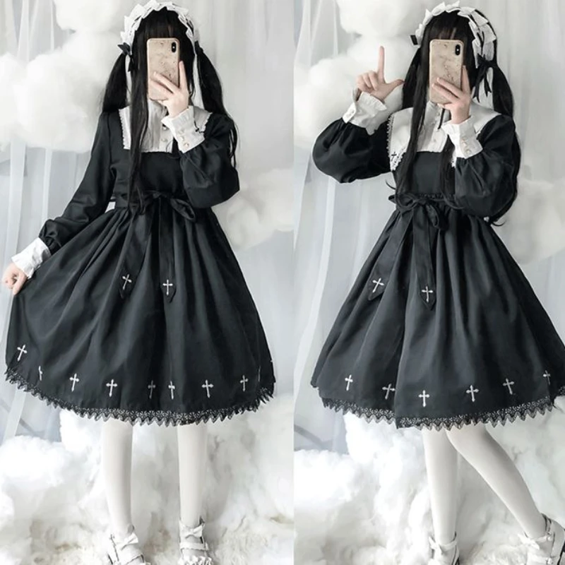 Coalfell Gothic Vintage Lolita Dress Japanese Style Long Sleeve Cross Print Balck Princess Dress Cosplay Costume For Girls