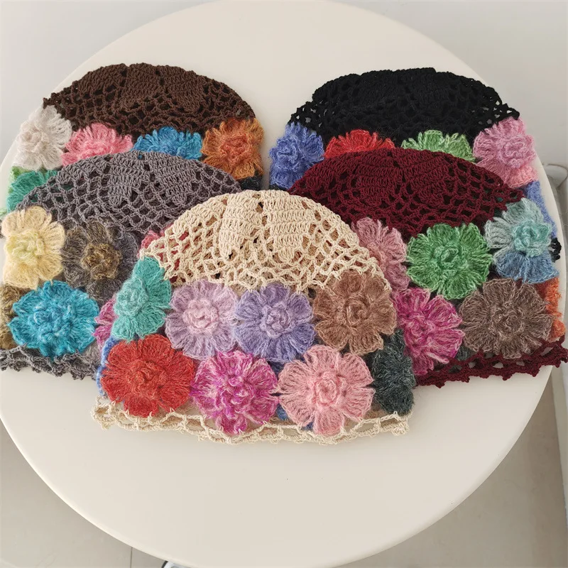 Women\'s knitted hat spring and summer gradient color handmade crochet flower toe cap hat retro beauty elegant hollow bucket hat