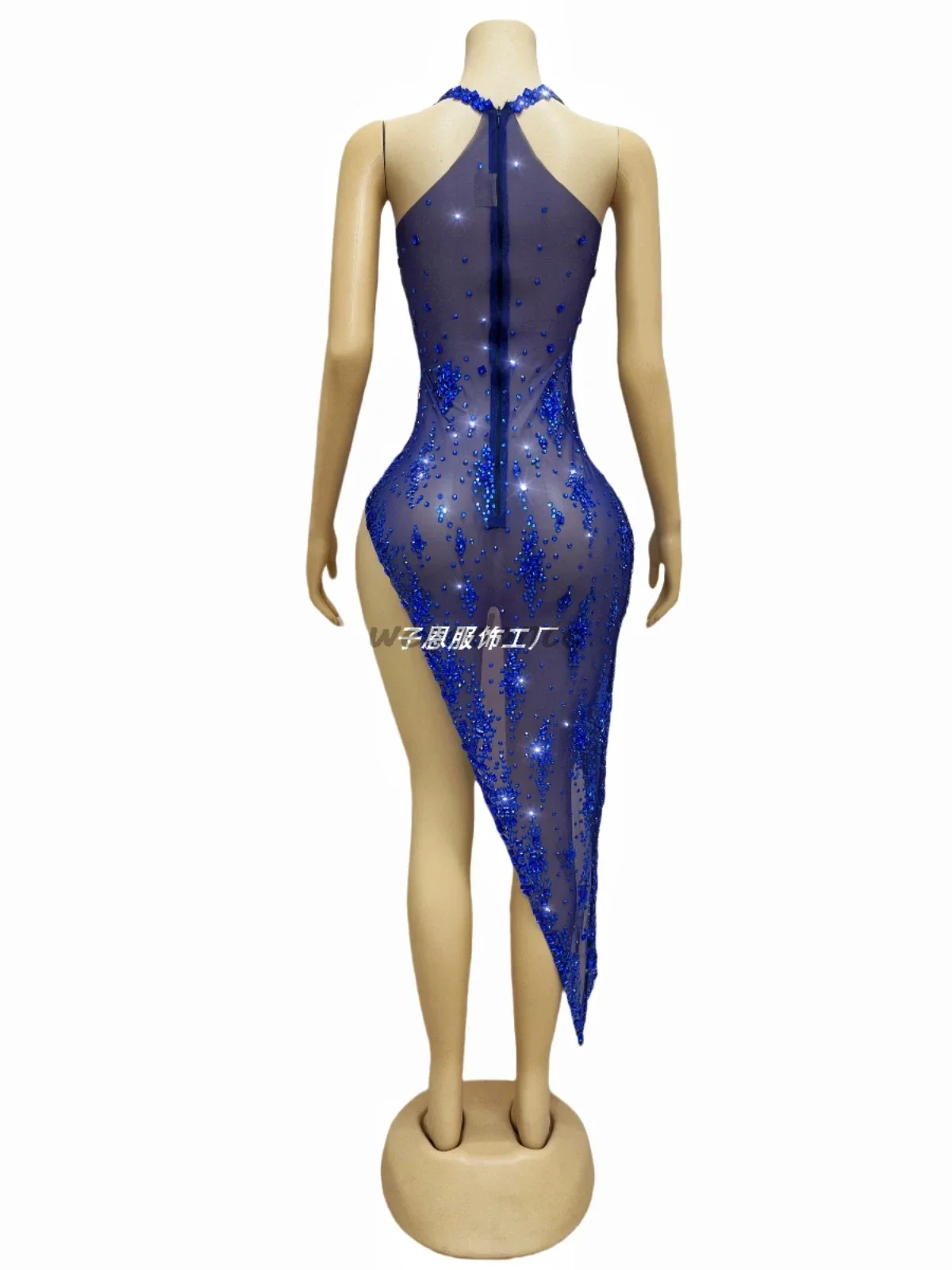 Crystal Bright Rhinestone Irregular Design Dress Cocktail Party Evening Performance Blue Dresses