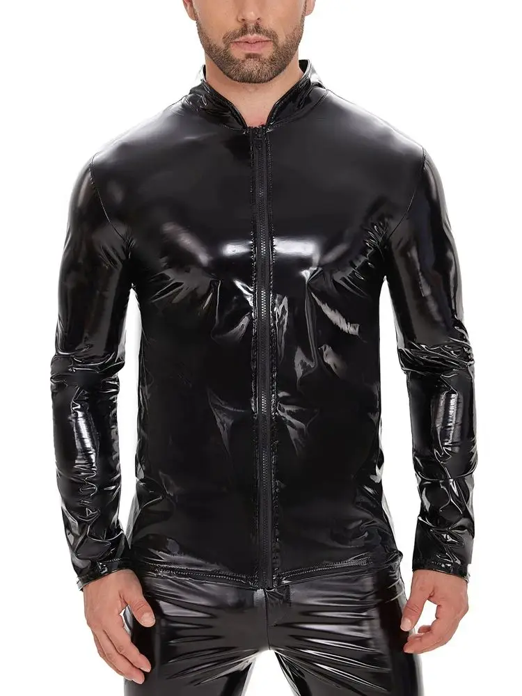 S-7XL Long Sleeve Stand Collar Wet Look PVC T Shirt Men Zipper Shiny PU Leather Tshirt Hip Hop Funny Shirts Tights Hot Shapers