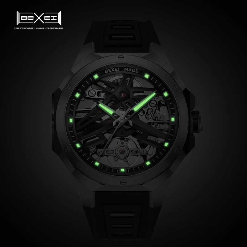 BEXEI Automatic movement mechanical men\'s watch luminous skeleton Synthetic sapphire waterproof business wrist watch news 9121