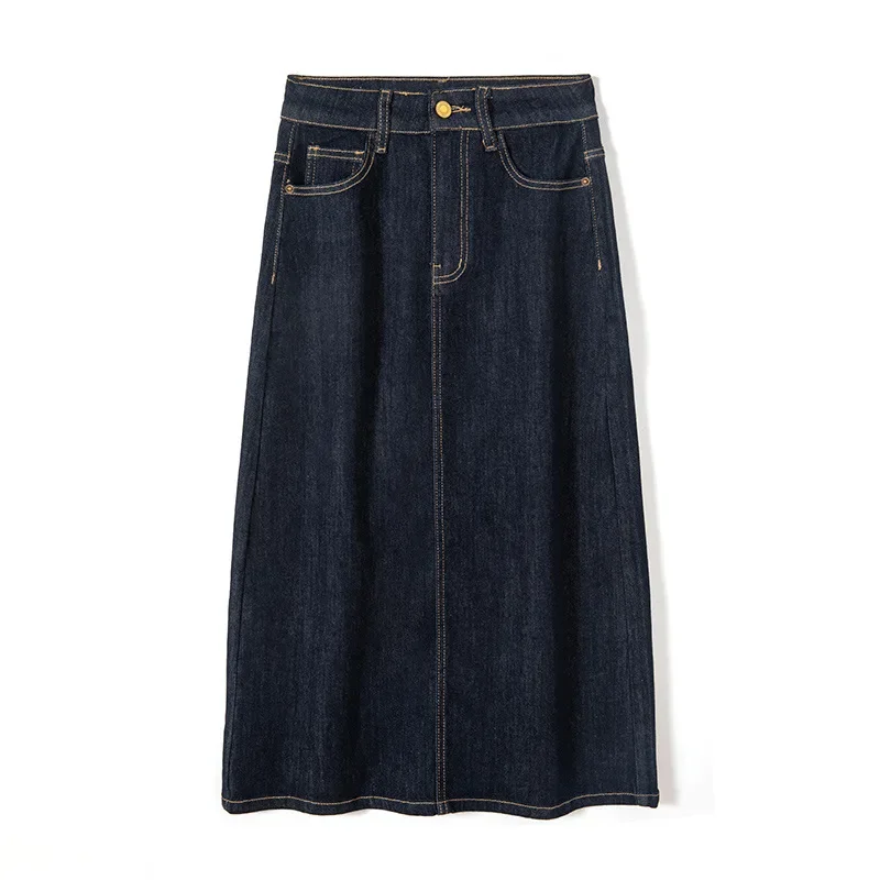 Pop DenimกระโปรงสบายๆSlimmingด้านข้างเอวสูงA-Lineกระโปรง 2024 ฤดูร้อนมาถึงใหม่โต๊ะรับประทานอาหารกระโปรง