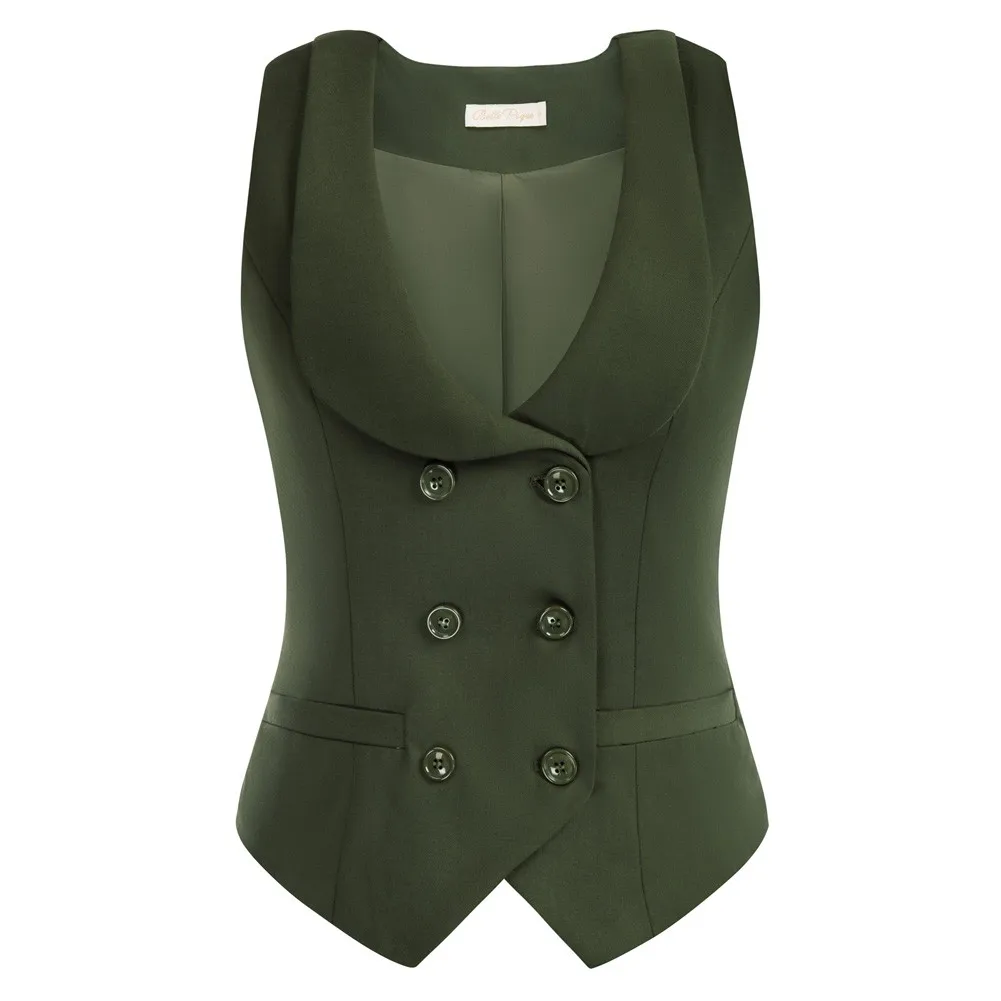 Women\'s Vest Army Green Double Breasted Tank Top Slim Lapel Tank Top Vintage Steampunk Clothing for Elegant Chaleco Mujer 2022