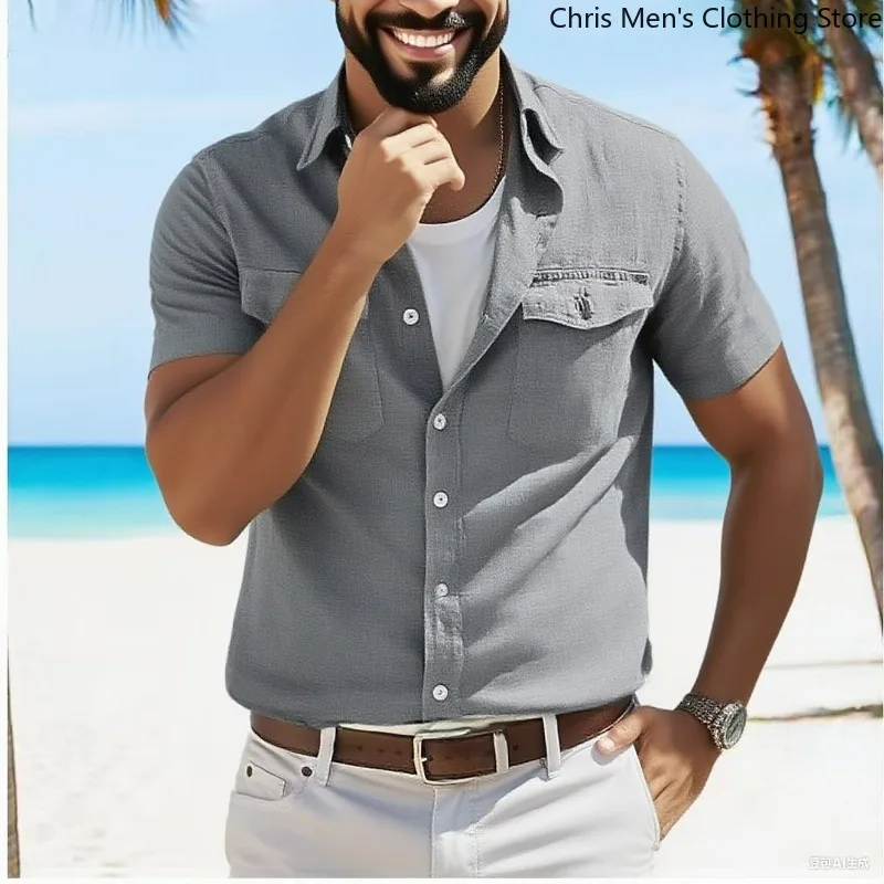 

Men's Summer Linen-Cotton Shirt Breathable & Comfortable Premium Short-Sleeve Top, Business Casual Stylish Short-Sleeve Shirt