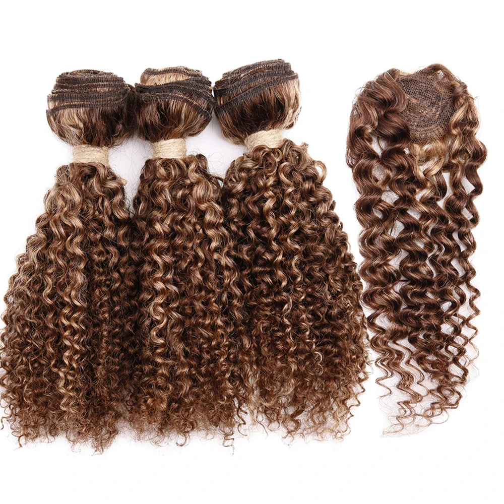 Ombre Kinky Curly Bundles With Closure Natural Human Hair Bundles Short Brazilian Hair Bundles With Circular Closure
