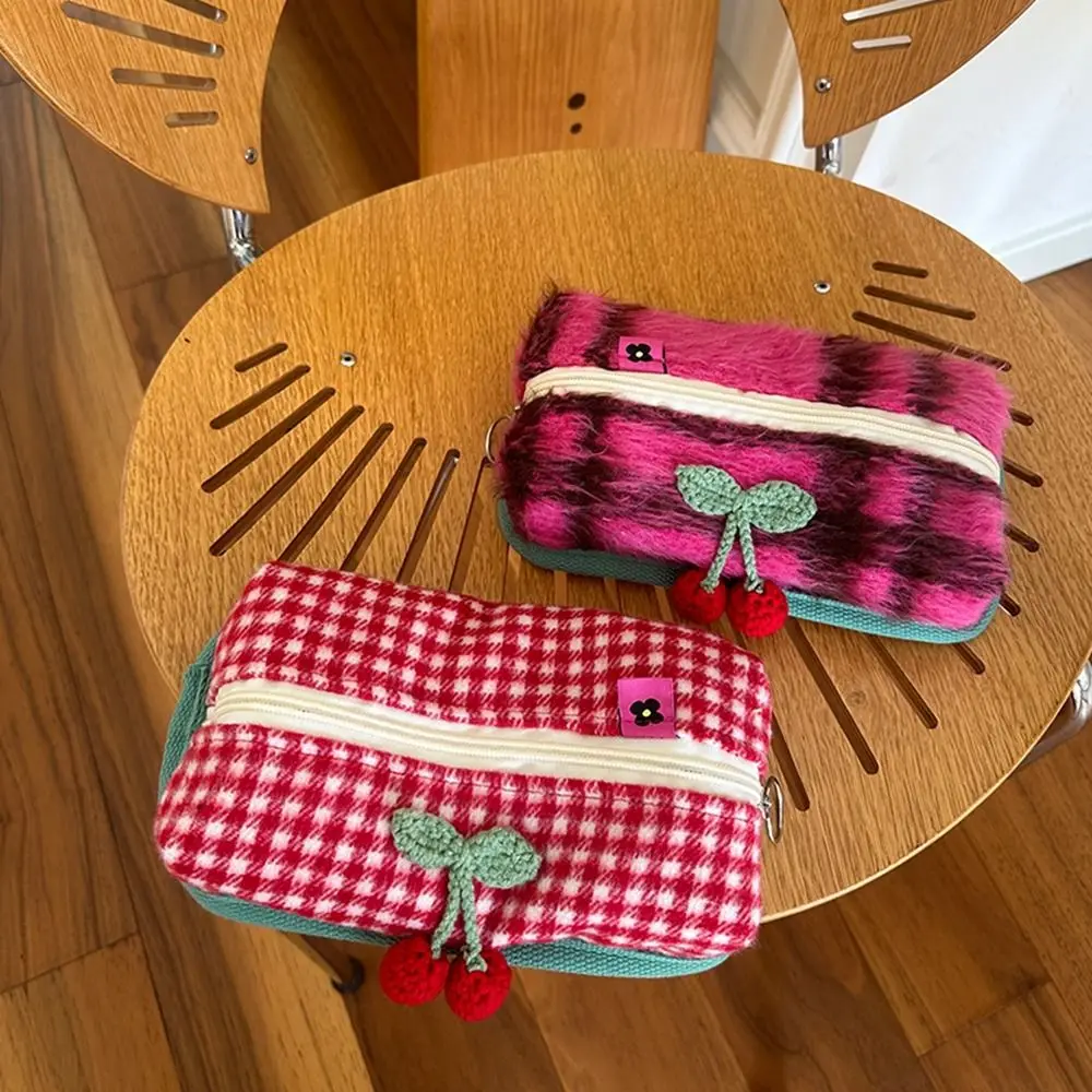 INS Printed Cherry Makeup Bag Purse Knitted Stationery Pen Bag Checkered Clutch Bag Skincare Storage Bag Women