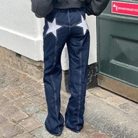 Jean Vintage Y2K pour femmes, motif étoile esthétique imprimé, jambe droite ample, pantalon Long en Denim, pantalon taille basse décontracté 5