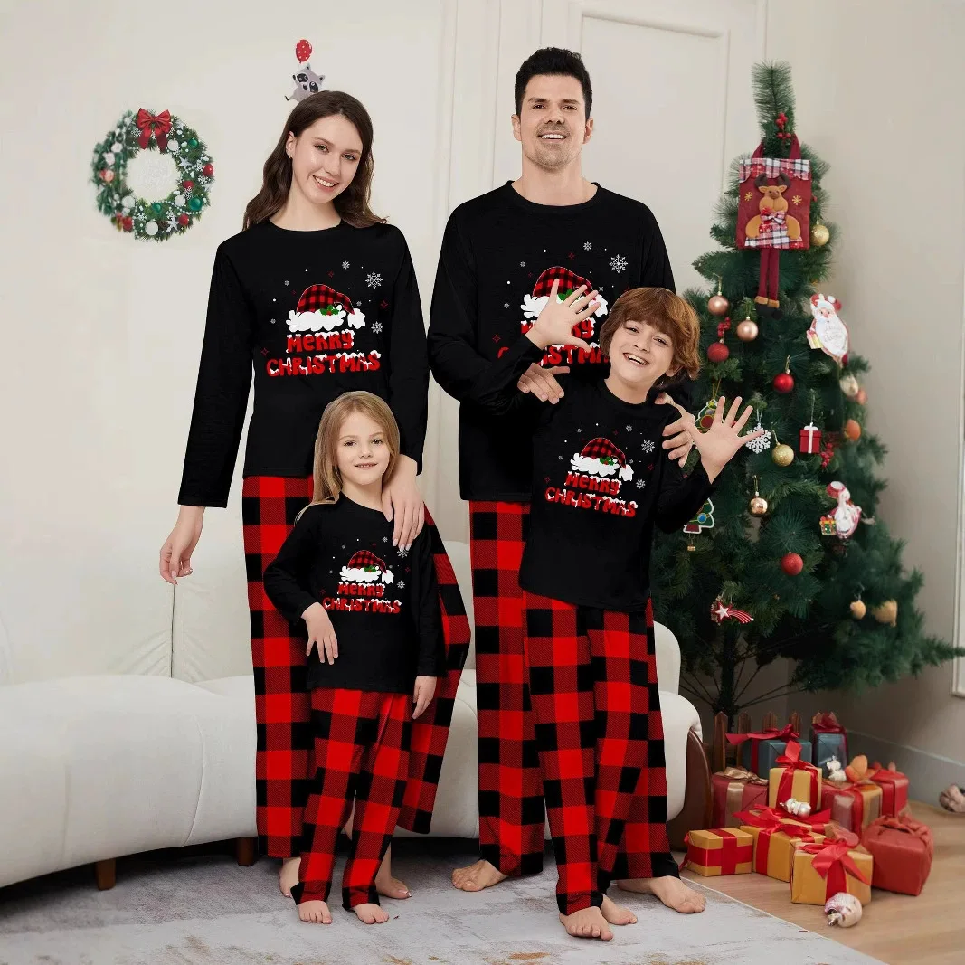 Weihnachts-Familienpaket Familien-Neujahrs-Set Weihnachtliche Baumwoll-Soft-Familienpyjamas Heimset Schwarz Neujahrs-Atmosphäre
