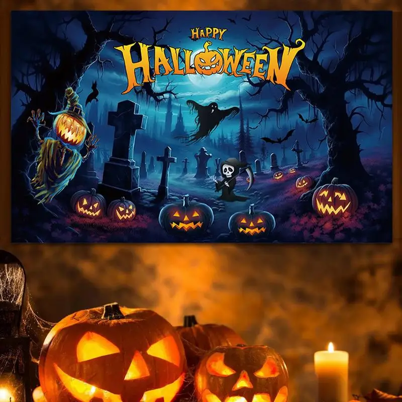 5.9x3.6ft Halloween Banner Backdrop Happy Halloween Decoration For Home Grave Pumpkin Ghost Halloween Party Suppiles