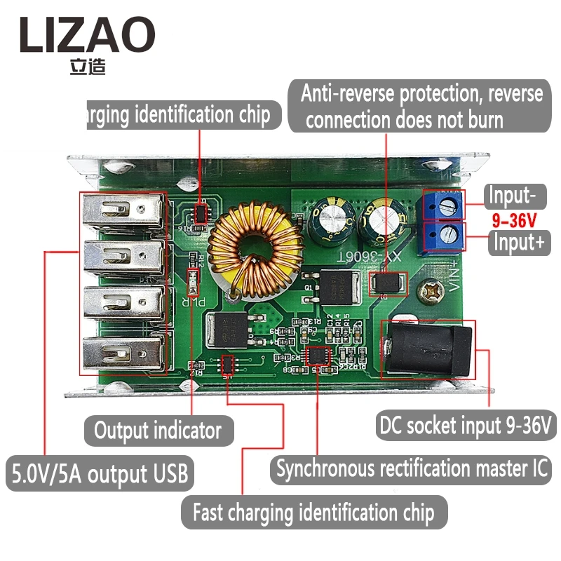 DC-DC 9-36V to 5V 5A 4USB Buck Converter, 25W Step-Down Power Supply with Aluminum Shell & Protection Circuits
