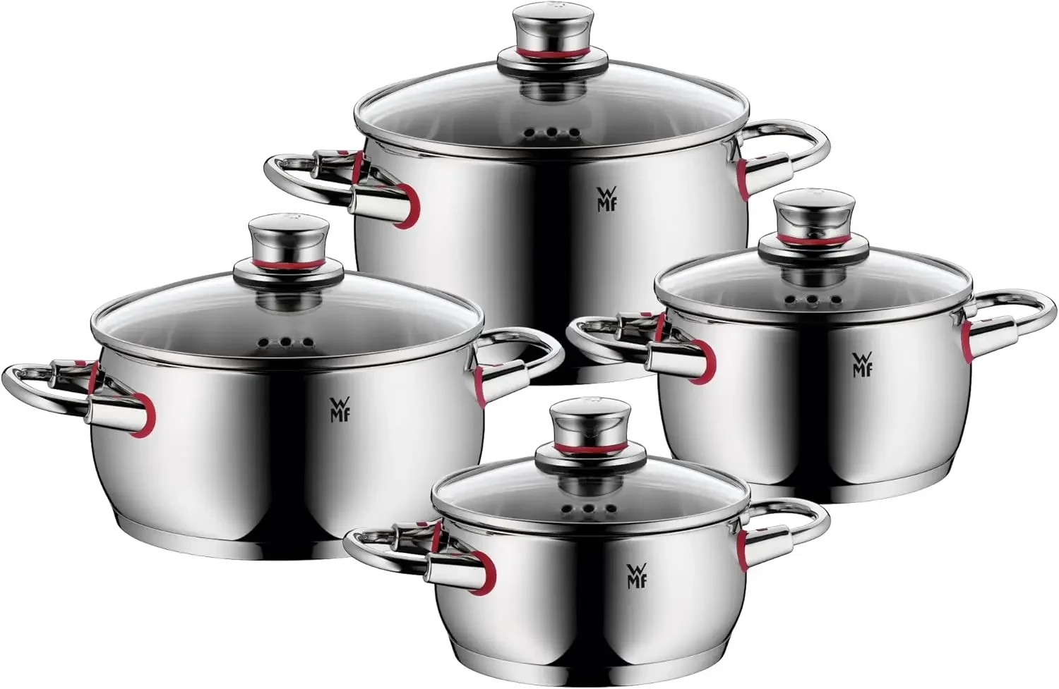 4-Piece Stainless Steel Pot Set with Steam Vent Glass Lid Polished Finish Induction Compatible and Dishwasher Safe