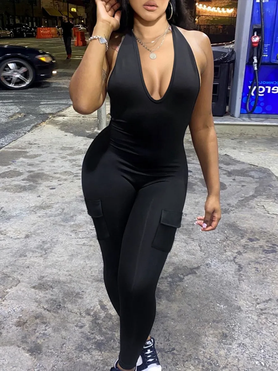 LW Plus Size Backless Side Pocket Jumpsuit Women Spring Summer Suit Pocket Design V Neck Sleeveless Daily One Pieces Outfit