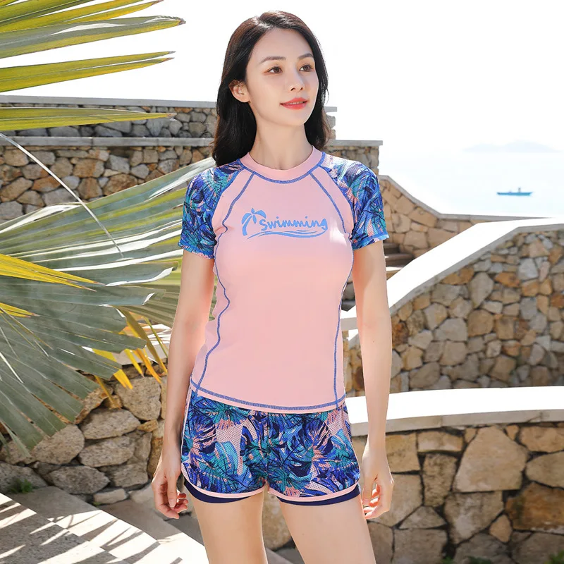 

Women's Two Piece Rash Guard Short Sleeve Sun UV Protect Swim Shirt Built in Bra Bathing Suit with Boyshorts Bottoms Sunsuit