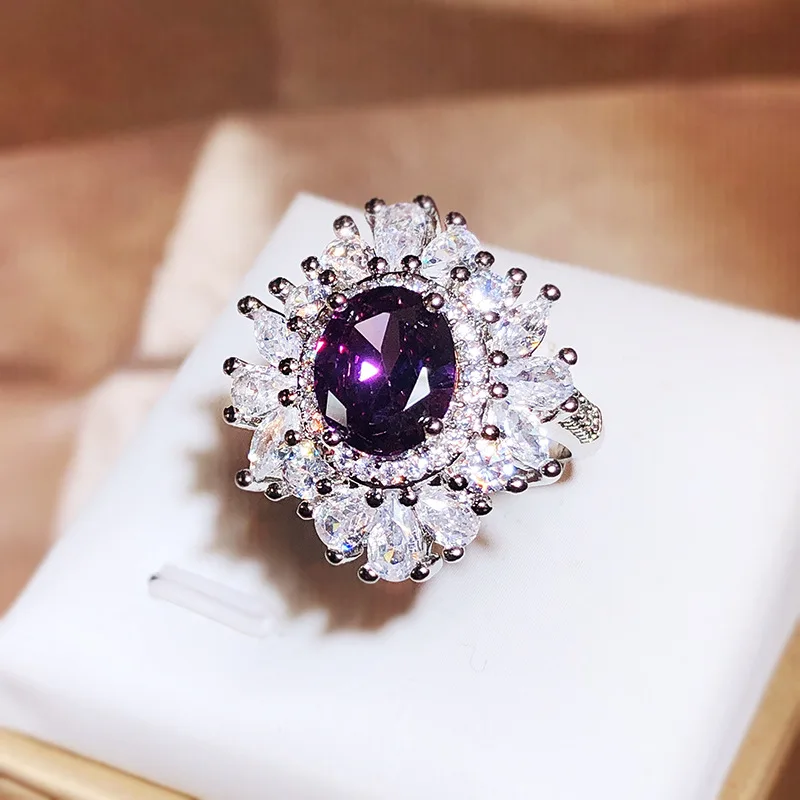 

New Light Purple Luxury Ring Full of Exquisite Zircon Flower 925 Sterling Silver Open Ring Female All-match Wear Jewelry