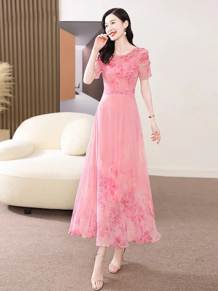 

Chiffon Dress Summer 2025 New Waist Show Thin Elegant Print Skirt Big Swing Dress Fashion O-Neck Long Dresses Bohemia