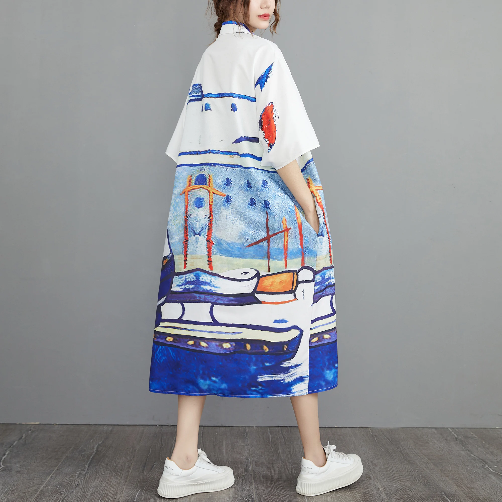 Grande taille rétro imprimé décontracté Midi irt Dr femmes été Faion minceur coréen Sle trajet motif abstrait unique Bu...