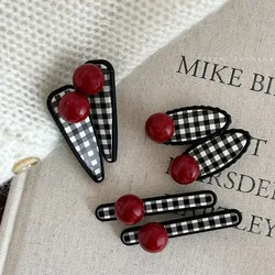 French red bead plaid duck bill clip women's new side clip side broken hair finishing sweet bangs clip hair accessories