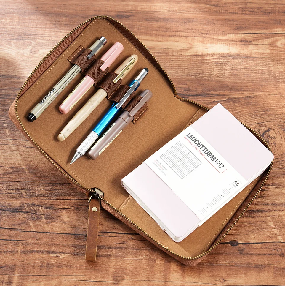 Genuine Leather Notebook Planner Book Cover A6 For MD Diary Zippered Cover Journal Drawing Sketchbook Planner Pouch