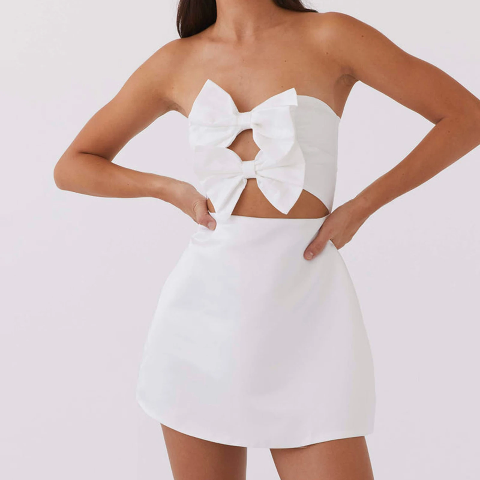 فستان نسائي بدون حمالات أنبوبي أنيق مزين بفيونكة بدون ظهر فستان قصير لحفلات الكوكتيل والشاطئ ملابس الشارع