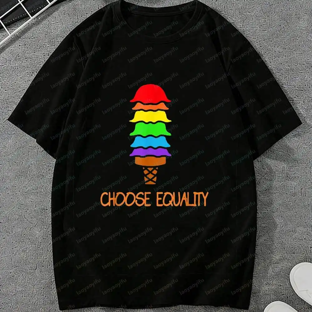 Men Women's LGBT Choose Equality Rainbow Ice Cream Tshirt Cute Pride Cartoon Graphic Print Cotton Tee LGBTQ+ Support Novelty Top