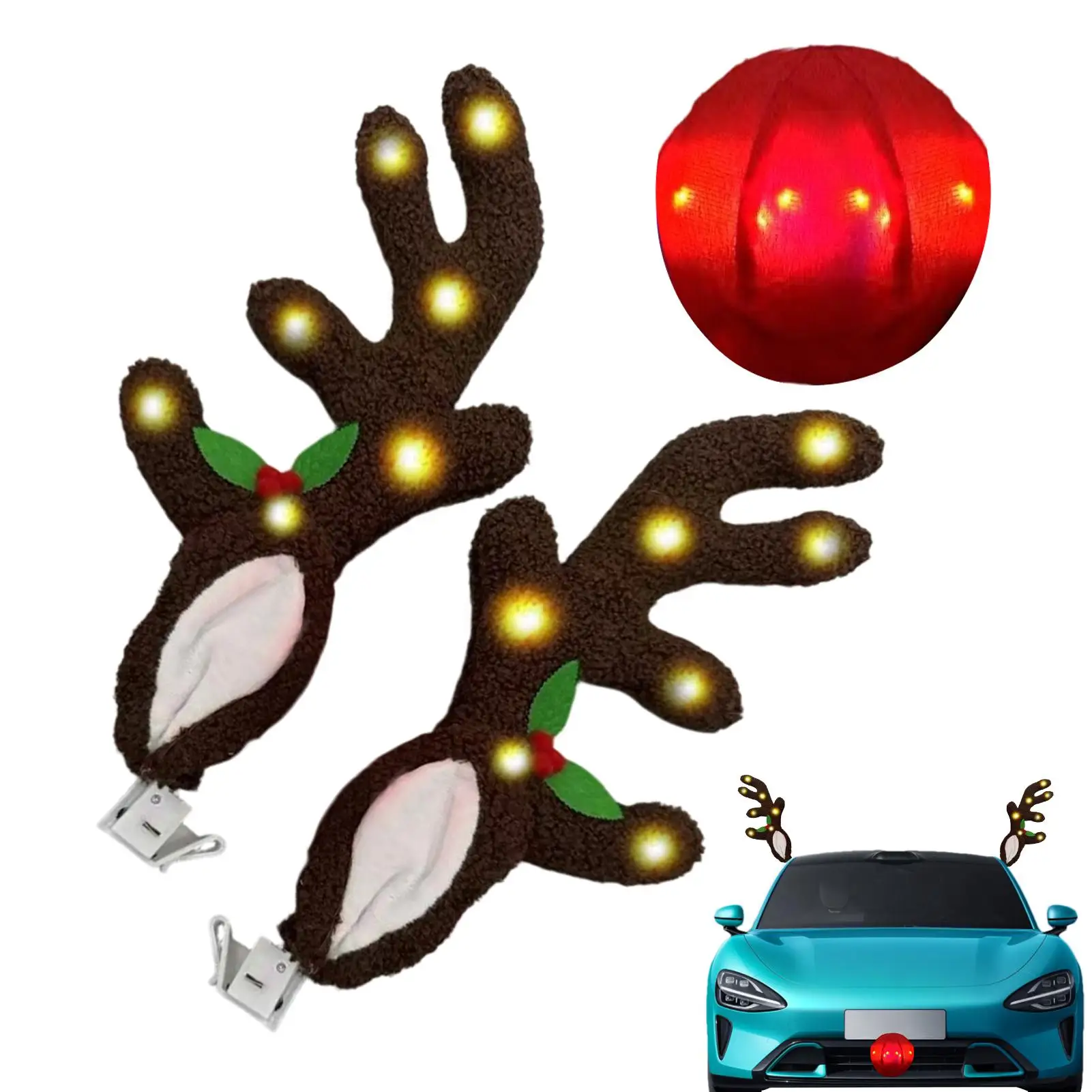 Car Christmas Decorations Light Up Vehicle Reindeer Antler With Nose Christmas Car Exterior Decoration For Automotive Truck