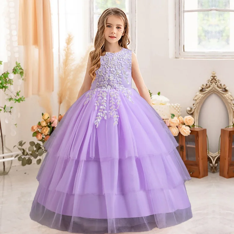 Girl\'s embroidered sequin princess dress Ages 4-14 Fashionable bow long mesh dress carnival birthday party performance dress